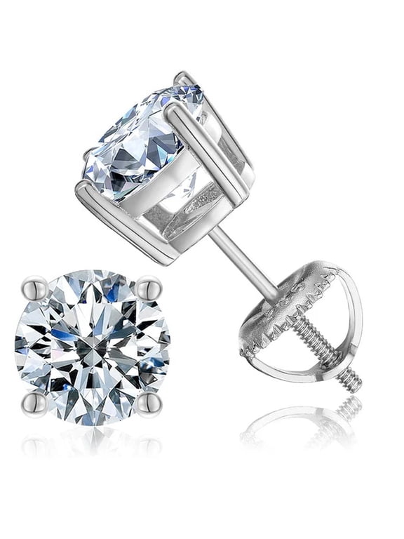 18K White Gold Created 3 Carat Round Plated Moissanite Screw Back Stud Earrings For Women