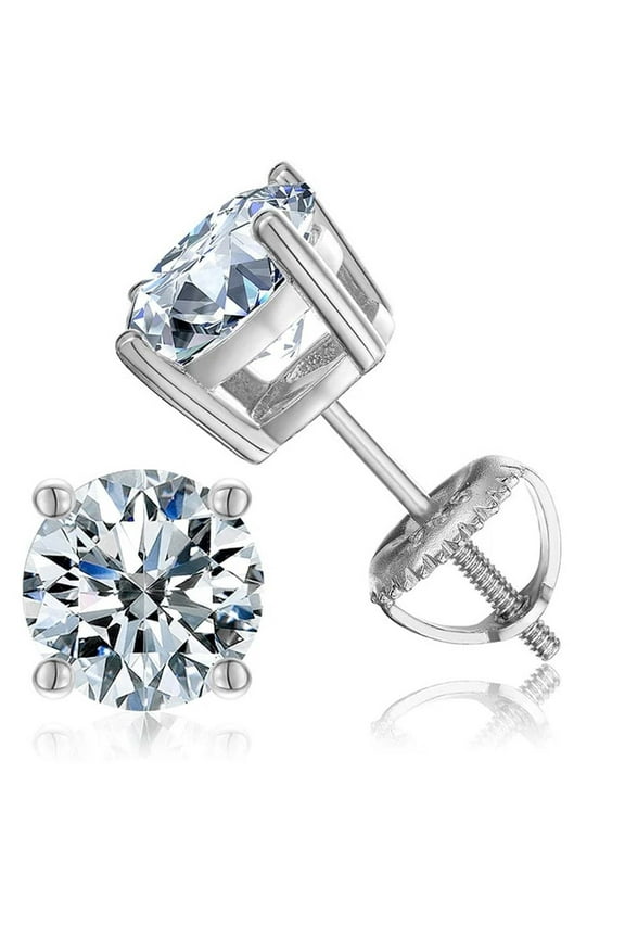 18K White Gold 3 Carat Round Moissanite Screw Back Stud Earrings Women Plated