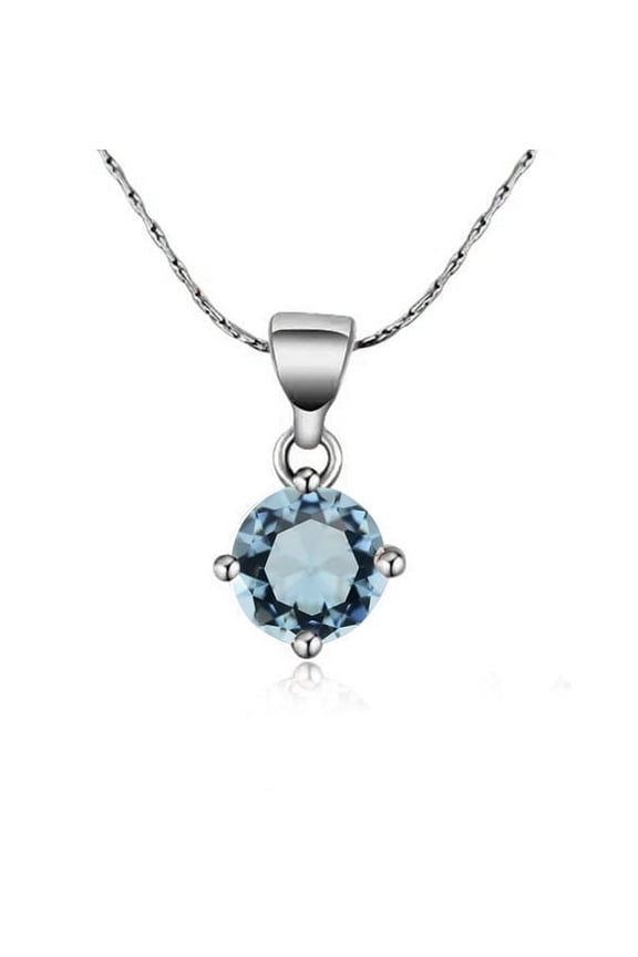18K White Gold 4 Carat Created Blue Topaz Round Stud Necklace 18 inch Plated Women