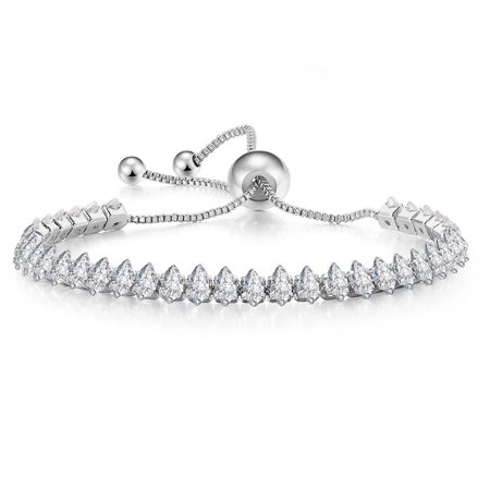 18K White Gold 7ct White Sapphire Marquis Cut Adjustable Tennis Bracelet Unisex Plated by Paris Jewelry