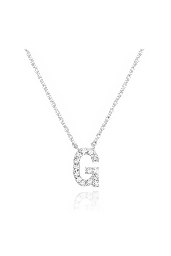 18K White Gold Alphabet Created White Sapphire Necklace, 18 in Rolo Chain plated