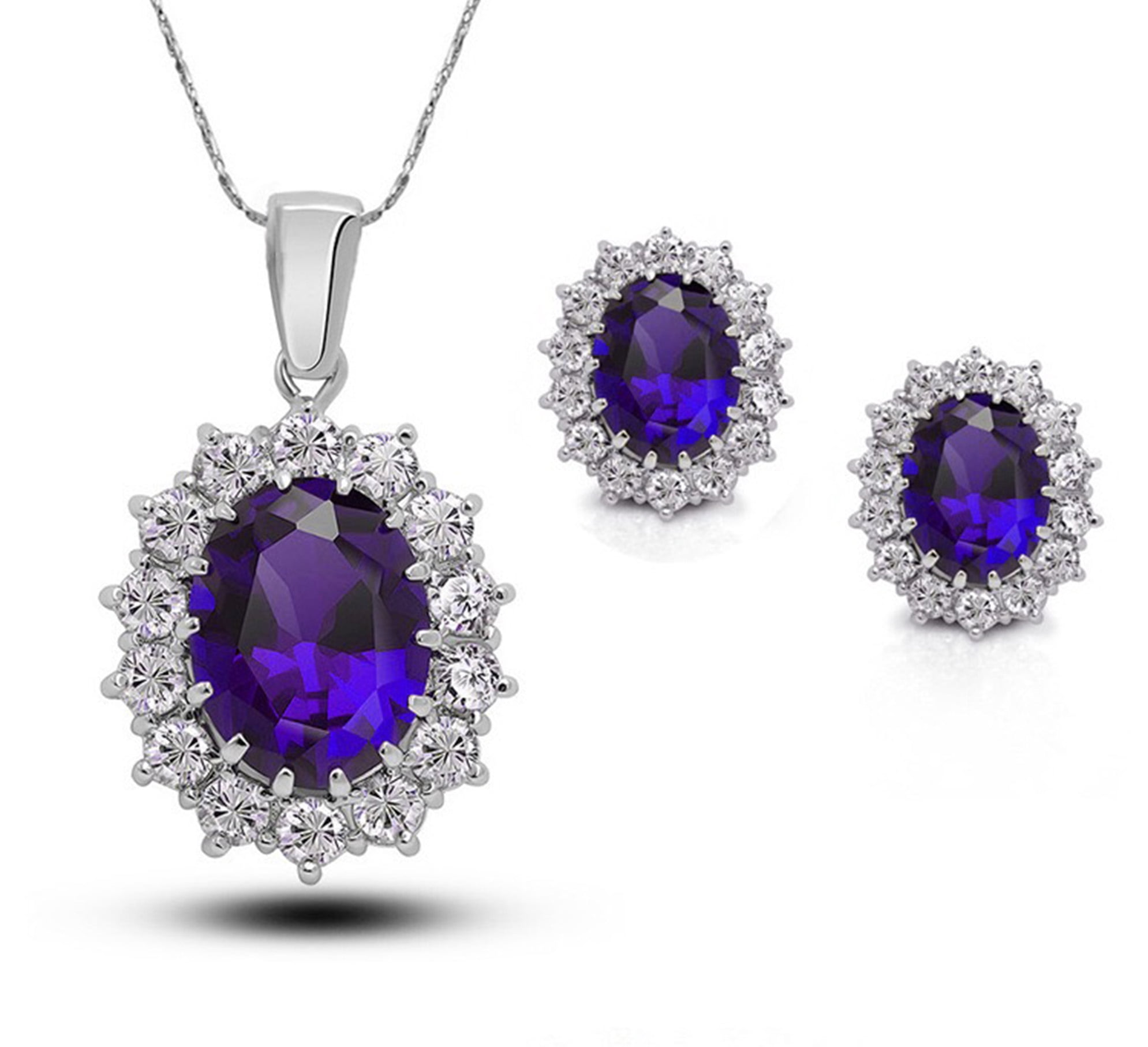 Paris Jewelry 18K White Gold Created Amethyst 3 Ct Oval Necklace 18 inch Jewelry for Women