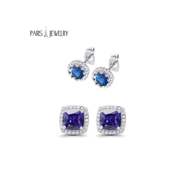 Paris Jewelry 18K White Gold Created Blue Sapphire 2 Carat Round and Princess Stud Earrings Plated