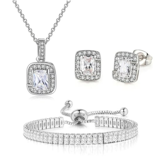 Paris Jewelry 18K White Gold Created White Sapphire Princess Halo Pendant Necklace, Earrings and Tennis Bracelet Jewelry Set Plated