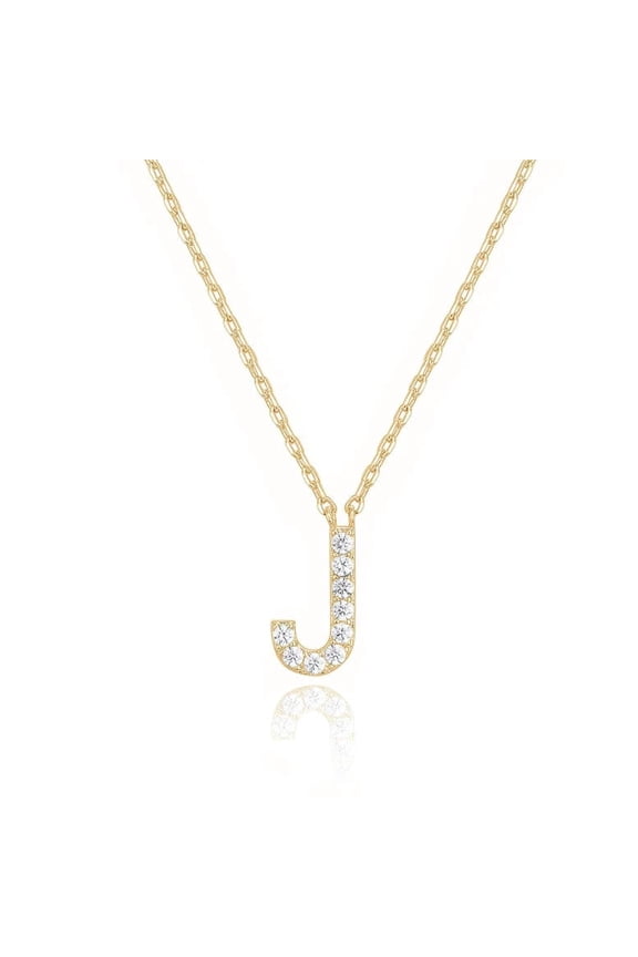 18K Yellow Gold White Sapphire Alphabet Necklace, 18 inches Rolo Chain Plated By Paris Jewelry