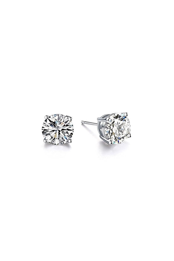 18K White Silver Cubic Zirconia round cut Stud Earrings Plated