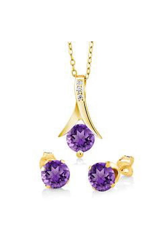 18K Yellow Gold 1/2ct Amethyst Round 18 Inch Necklace and Earrings Set Plated