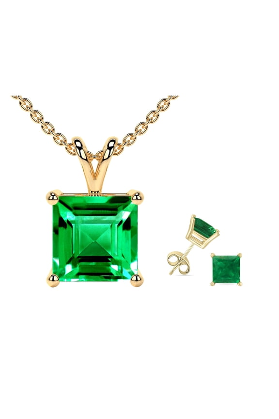 18K Yellow Gold 1ct Emerald Square 18 Inch Necklace and Earrings Set Plated