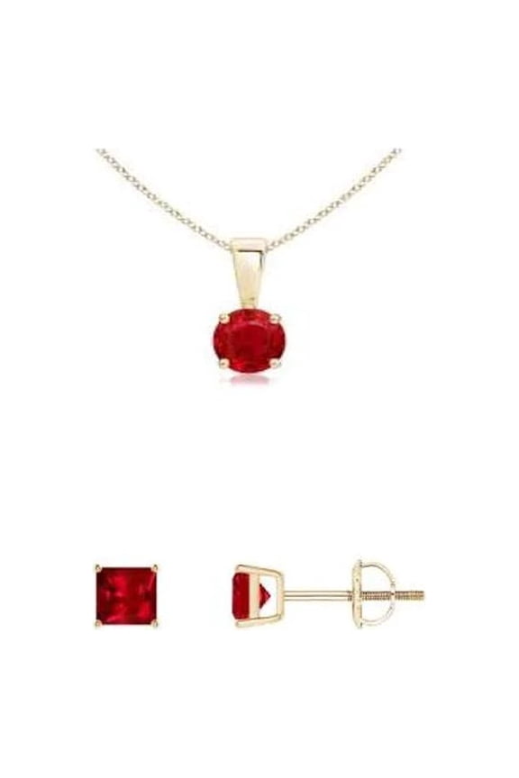 18K Yellow Gold 1ct Ruby Round 18 Inch Necklace and Square Earrings Set Plated