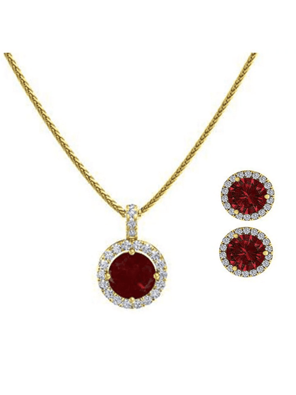 18K Yellow Gold 3ct Halo Ruby Round 18 in Necklace & Earrings Set Plated