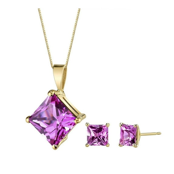 Paris Jewelry 18K Yellow Gold 4ct Pink sapphire Square 18 Inch Necklace and Earrings Set Plated