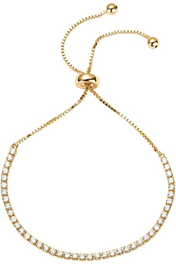 18K Yellow Gold 7 Ct Created White Sapphire Round Adjustable Tennis Bracelet Plated