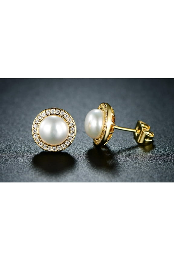 18K Yellow Gold White Freshwater Pearl Halo Round 2 CT Stud Earrings Plated Women