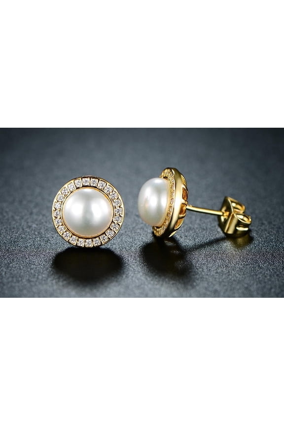 18K Yellow Gold White Freshwater Pearl Halo Round 3 CT Stud Earrings for Men | Women plated