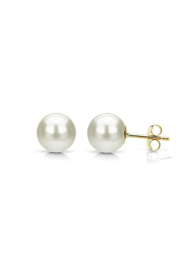 18K Yellow Gold White Freshwater Pearl Round 3 CT Stud Earrings, Jewelry for Men | Women plated