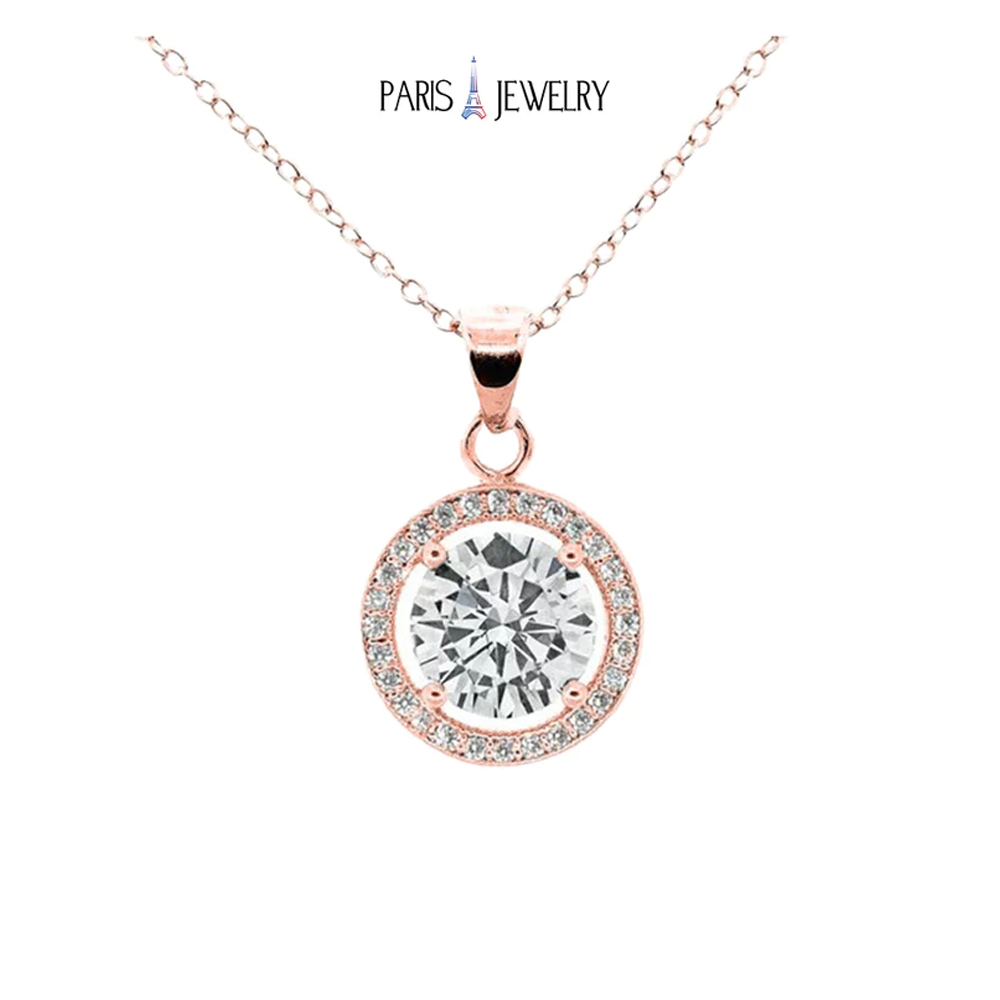 Paris Jewelry 18K Yellow Gold White Halo Round Pendant Necklace 1, 2, 3