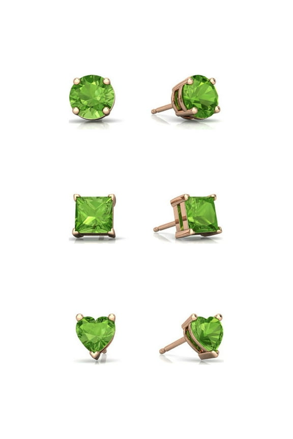 18k Rose Gold 1Ct 7mm Created Peridot 3 Pair Round, Square and Heart Stud Earrings Plated