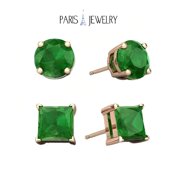 Paris Jewelry 18k Rose Gold 2 Pair Created Emerald 6mm Round & Princess Cut Stud Earrings Plated