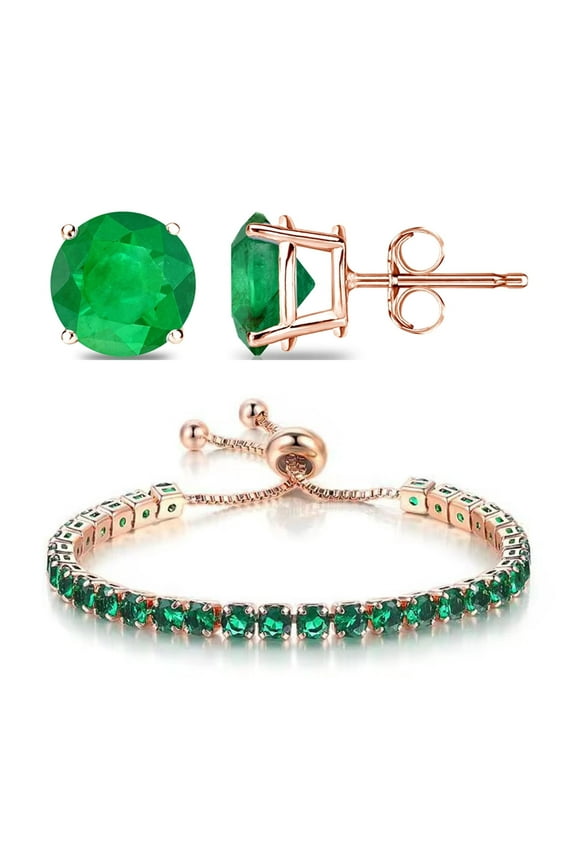 18k Rose Gold 6 Ct Created Emerald Round Adjustable Tennis Bracelet and Earrings Set Plated
