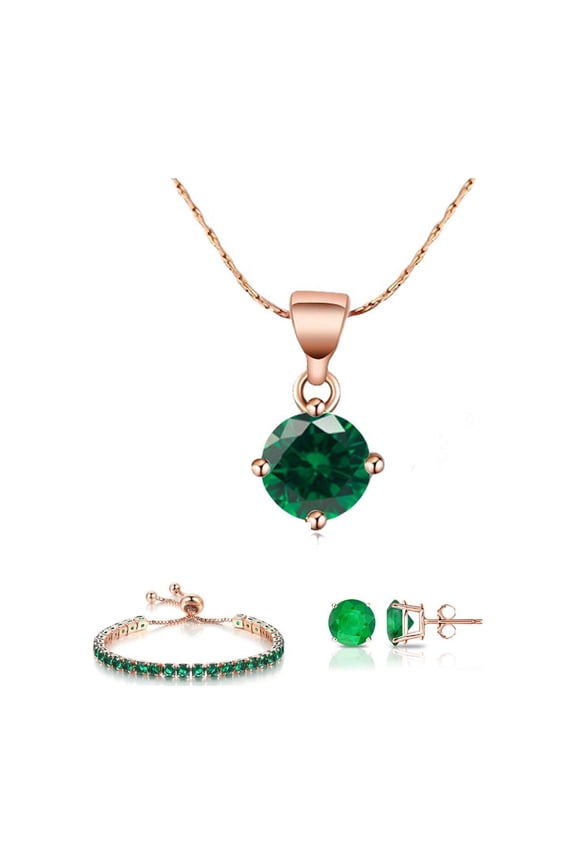 18k Rose Gold 6 Ct Round Created Emerald Set of Necklace, Earrings and Bracelet Plated