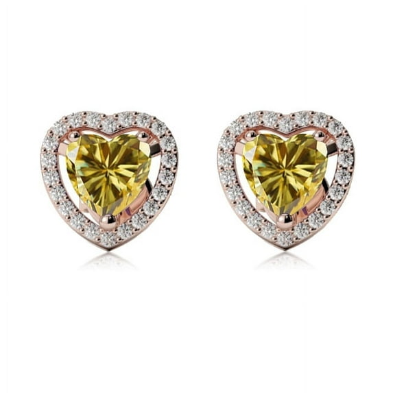 18k Rose Gold 1 Ct Halo Heart Yellow Sapphire Stud Earrings Plated by Paris Jewelry