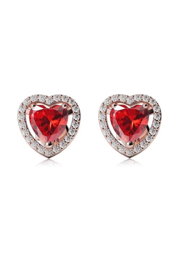 18k Rose Gold Halo Heart Ruby Stud Earrings Gift for Her Women's Plated by Paris Jewelry