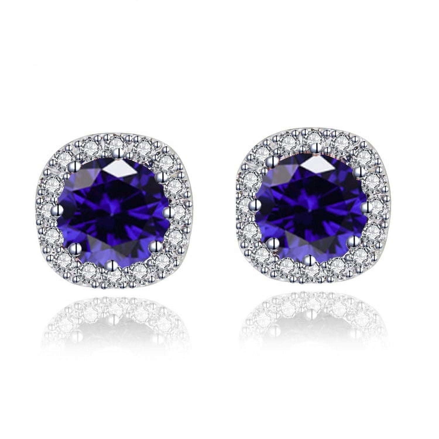 PARIS JEWELRY 2 Ct 18k White Gold Halo Round Blue Sapphire Stud Earrings Jewelry for Women plated