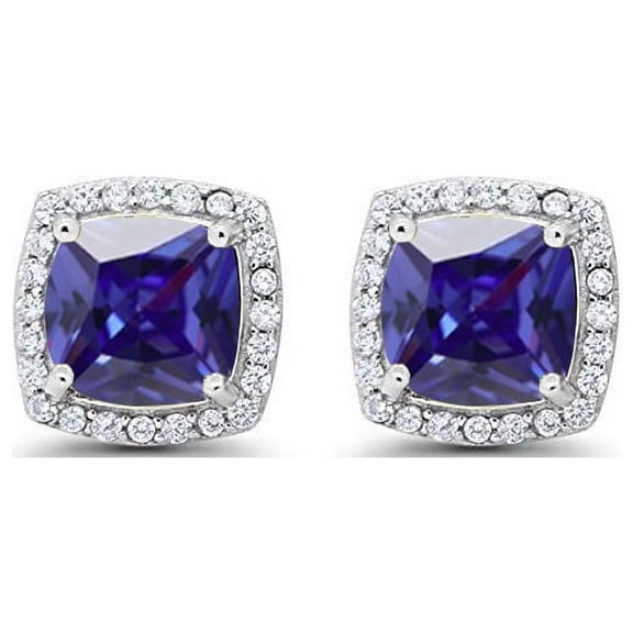 Paris Jewelry 2 Ct Blue Sapphire Princess Cut Stud Earrings, 18k White Gold Jewelry for Women Unisex plated
