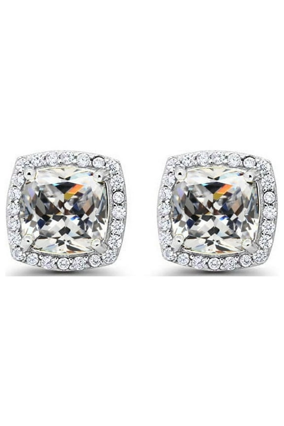 18k White Gold 2 Ct Created Halo Princess Cut White Sapphire Stud Earrings Plated