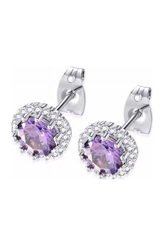 18k White Gold 2 Ct Halo Round Plated Amethyst Stud Earrings by Paris Jewelry