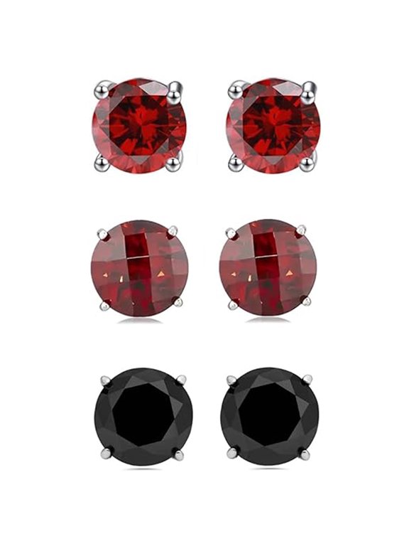 18k White Gold 2 Ct Ruby, Garnet & Black Sapphire Round Plated Stud Earrings by Paris Jewelry