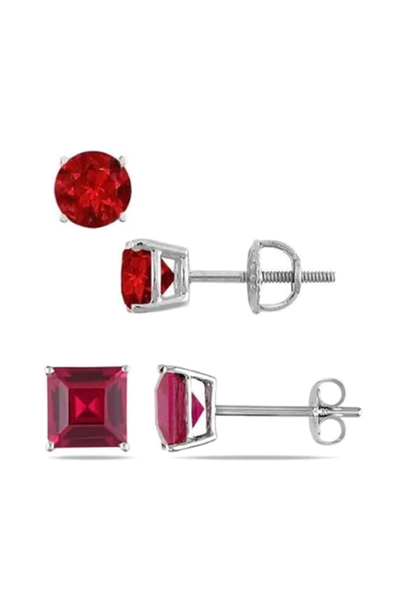 18k White Gold 2 Pair Created Ruby 6mm Round & Princess Cut Stud Earrings Plated