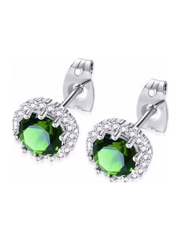 18k White Gold 3 Ct Halo Round Emerald Stud Earrings Plated by Paris Jewelry