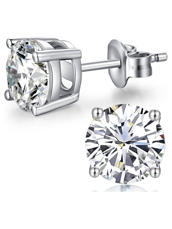 18k White Gold 4ct Round White Sapphire Stud Earrings - Jewelry Gift for Women Plated