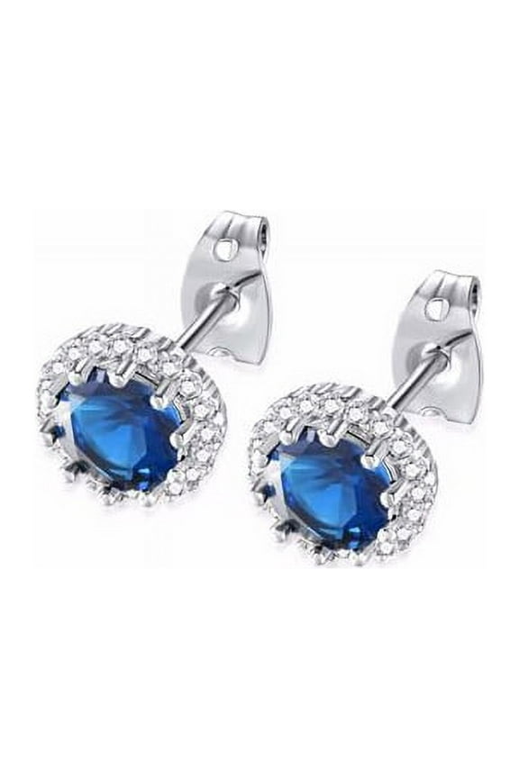 18k White Gold 4 Ct Created Halo Round Blue Sapphire Stud Earrings Plated