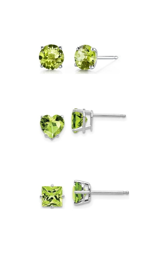 18k White Gold 4Ct Created Peridot 3 Pair Round, Square and Heart Stud Earrings Plated
