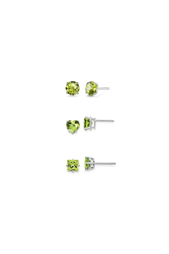 18k White Gold 4Cttw Created Peridot 3 Pair Round, Square And Heart Stud Earrings Plated