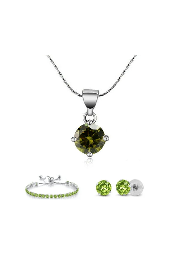18k White Gold 6 Ct Round Created Peridot Set of Necklace, Earrings and Bracelet Plated