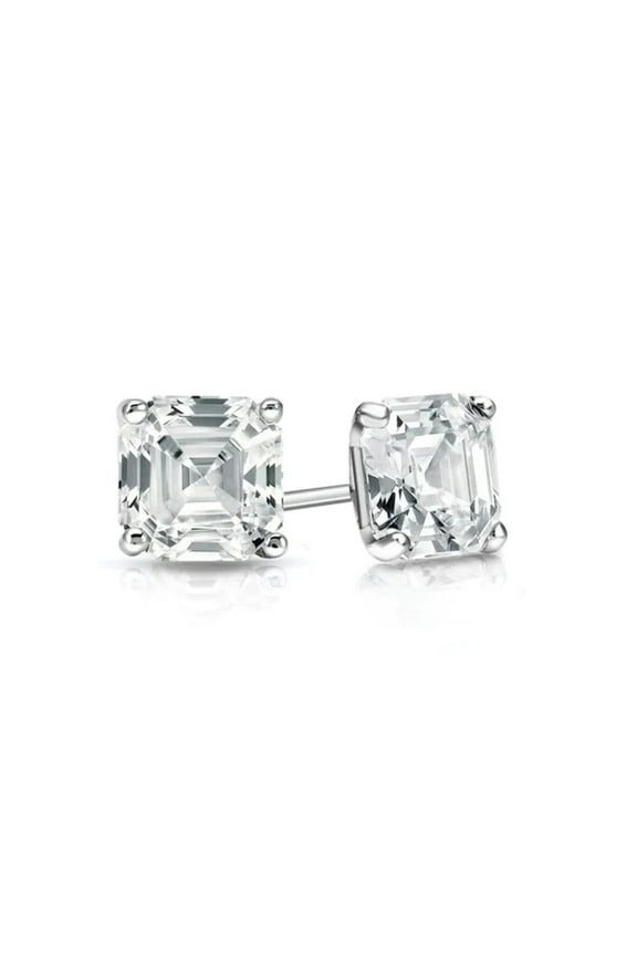 18k White Gold 6mm 2Ct Asscher Cut White Sapphire Stud Earrings Plated
