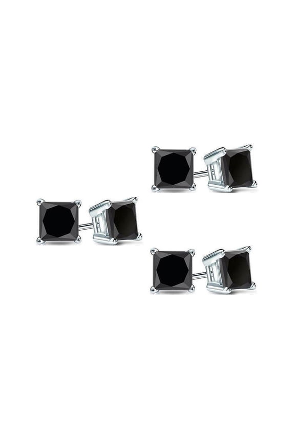 18k White Gold Black Sapphire 4Ct Princess 3 Pair Stud Earrings Plated