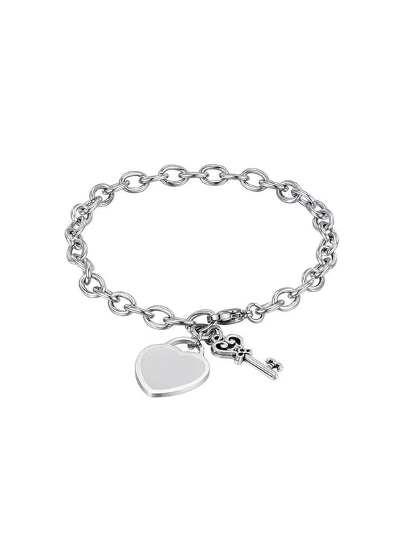 18k White Gold Brushed Heart & Key Charm Toggle Bracelet Plated