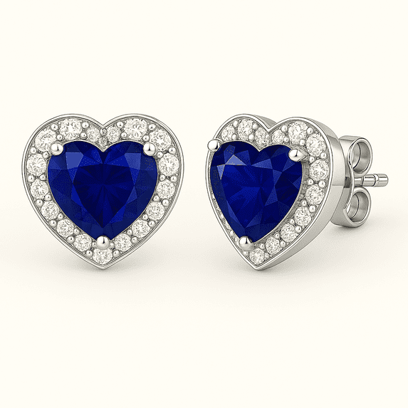 18k White Gold 1 Ct Halo Heart Blue Sapphire Stud Earrings Plated by Paris Jewelry