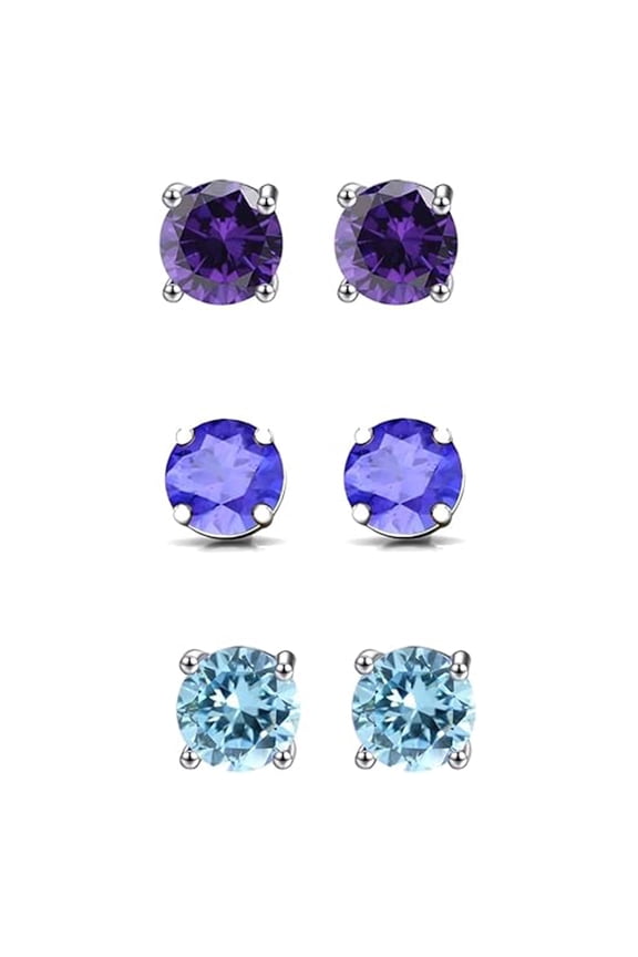 18k White Gold 1/2 Ct Amethyst, Tanzanite & Aquamarine Round Stud Earrings gift for Women Plated by Paris Jewelry