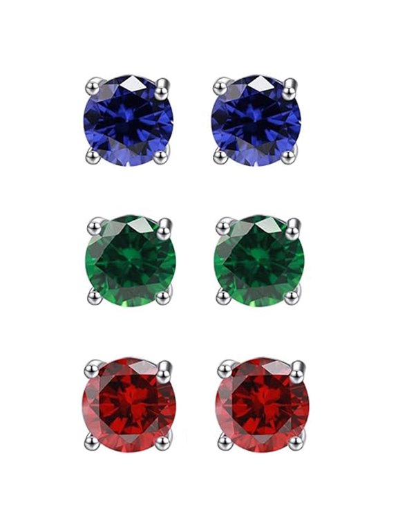 18k White Gold 2Ct Created Blue Sapphire, Emerald & Ruby Round Stud Earrings for Women Plated by Paris Jewelry