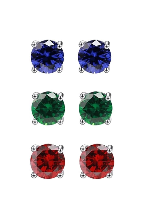 18k White Gold 2Ct Created Blue Sapphire, Emerald & Ruby Round Stud Earrings for Women Plated by Paris Jewelry