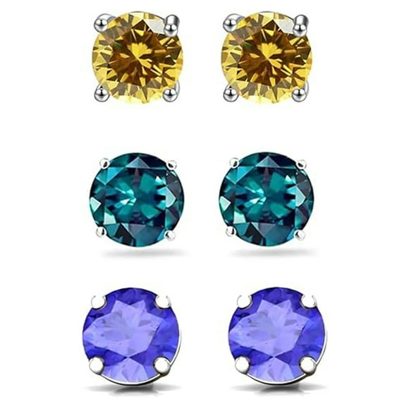 Paris Jewelry 18k White Gold Plated 3Ct Created Citrine, Alexandrite & Tanzanite 3 Pair Round Stud Earrings