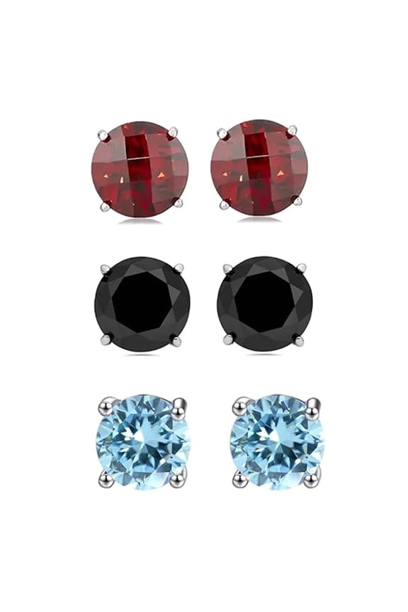 18k White Gold Plated 3Ct Created Garnet, Black Sapphire & Aquamarine 3 Pair Round Stud Earrings