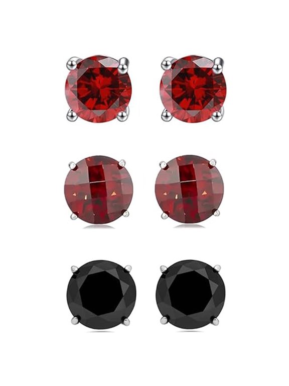 18k White Gold-Plated 4ct Created Ruby, Garnet & Black Sapphire Round Stud Earrings