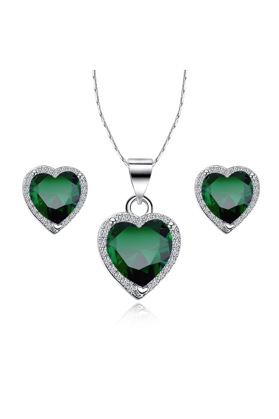 18k White Gold Plated Heart 3 Carat Created Emerald Full Set Necklace 18 inch