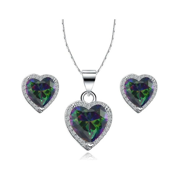 Paris Jewelry 18k White Gold Plated Heart 4 Carat Created Alexandrite Full Set Necklace, Earrings 18 inch